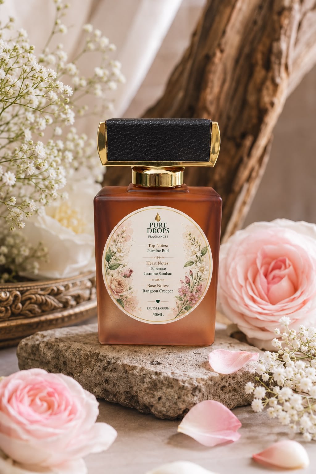 Pure Drops fragrance bottle staged among fresh roses and jasmine
